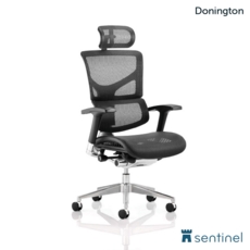 Donington Posture Chair with black mesh, arms, and headrest