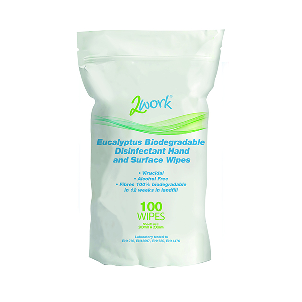 2Work Biodegrad Eucalypt Wipes Pk100